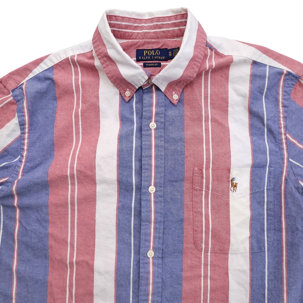 Polo Ralph Lauren Shirt Mens XL Stripe Oxford Short Sleeve Classic Fit‎ OCBD